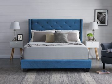 Picture of Ely Upholstered Platform Bed in queen/king  in Blue Velvet